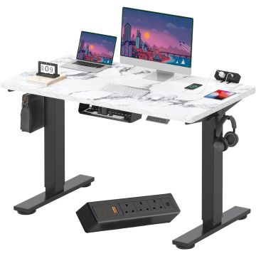 Marble top standing desk with black frame and clamp power strip