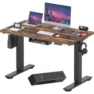 Flexispot 120x60cm Electric Standing Desk with Built-in Power Socket, Height Adjustable Sit Stand Desk with Cable Management and USB Ports Ideal for Home and Office - Black Frame with Rustic Brown Top
