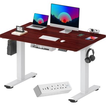 Mahogany top white frame standing desk with built in power and cable tray