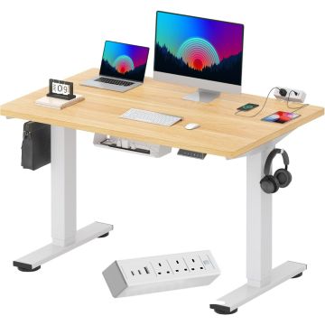 Maple top standing desk white frame with power strip cable tray and hooks