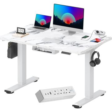 white standing desk with marble top power strip and cable tray