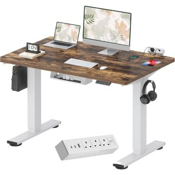 Electric sit stand desk white frame rustic brown top with built in power strip