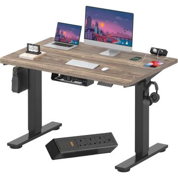 Black frame walnut top electric standing desk with power strip cable tray and hooks