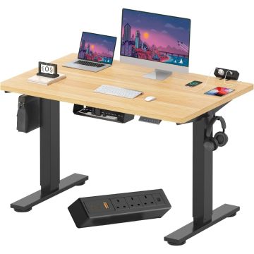 Electric standing desk black frame maple top with power strip and cable tray