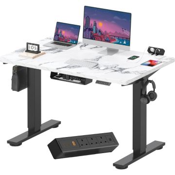 electric standing desk with marble look top black frame and tabletop power strip