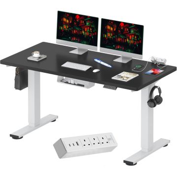 black top white frame electric standing desk with power strip and cable tray