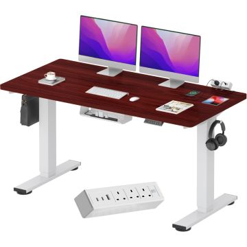 Mahogany top white frame electric standing desk with dual monitors cable tray and clamp power strip