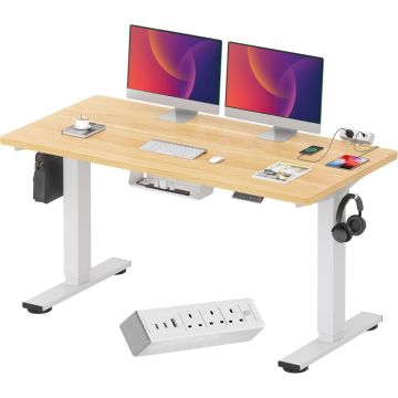 White frame sit stand desk with maple top dual monitors and tabletop power strip