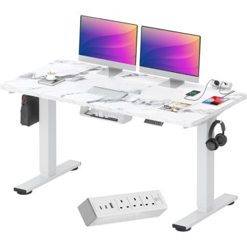White frame standing desk with marble top and built in power strip