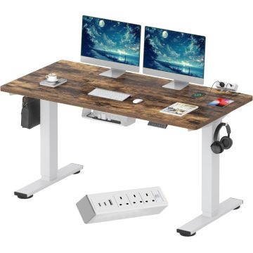 white frame standing desk with rustic brown top and built in power strip