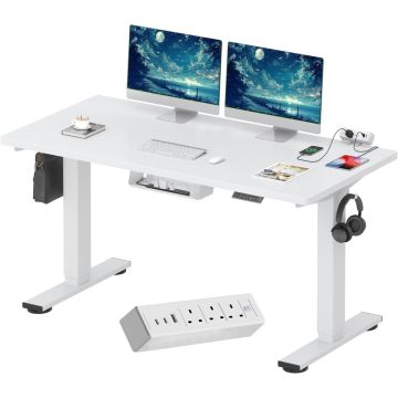 White electric standing desk with dual monitors and clamp power strip