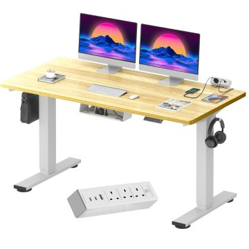 Electric standing desk with oak top and white frame with cable tray and tabletop power strip