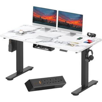 marble top height adjustable desk black frame with dual monitors and clamp power strip