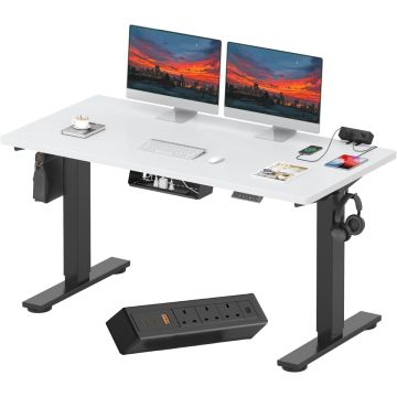 White top black frame standing desk with dual monitors and clamp power strip