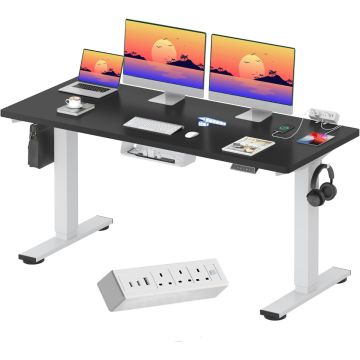 Electric standing desk black top white frame with cable tray power strip and hooks