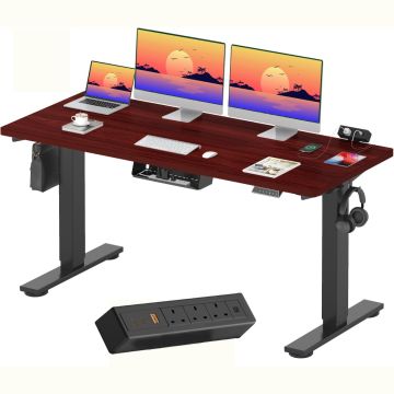Mahogany top black frame standing desk with built in power strip