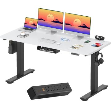 White top black frame electric standing desk with monitors and clamp power strip