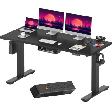 Black electric standing desk with dual monitors and laptop