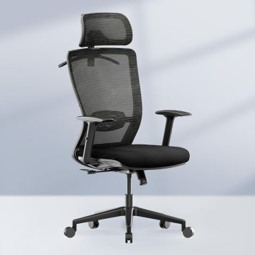 Black mesh ergonomic office chair with headrest and wheels