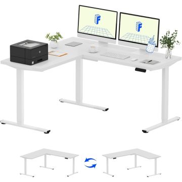 FLEXISPOT Electric Height Adjustable L-Shaped Standing Desk 63 x 55 Inch Reversible Corner Computer Desk with Memory Presets and Anti-Collision System Ergonomic Sit Stand Workstation for Home and Office - White