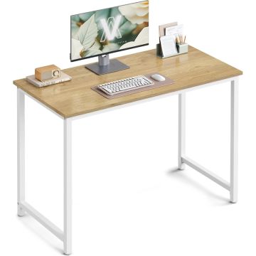 VASAGLE Computer Desk Study Table for Home Office, Modern Writing Desk with Sturdy Metal Frame, Wooden Desktop Workstation, Space Saving PC Laptop Desk for Bedroom, Study Room and Office, White Frame, Oak Finish