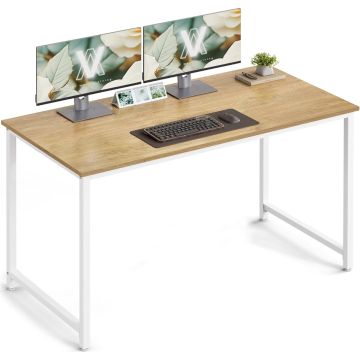 VASAGLE Home Office Computer Desk, Modern Study Writing Table with Spacious Wooden Desktop, Heavy Duty Steel Frame, Laptop Desk, PC Workstation for Home Office, Bedroom and Study Room, White Frame Oak Finish