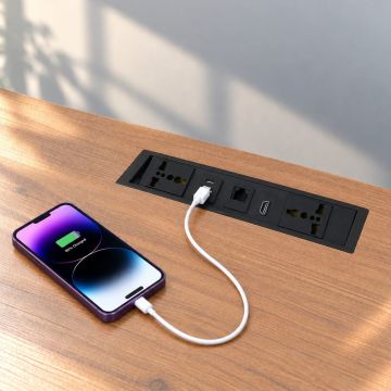 Mahmayi Flip Up Desk Power Socket with 2 Universal Power Outlets, PD 20W USB-A and USB-C Charging, Cat6 Ethernet and HDMI Port, Recessed Tabletop Power Module with 1.5M UK Plug Cable, Black