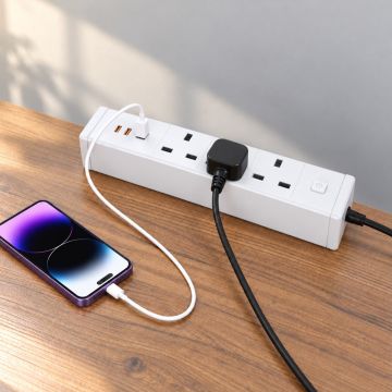Mahmayi Desk Mount Power Strip with 3 UK Sockets, 1 USB-A and 2 USB-C Ports, 1.8M Power Cable, Aluminum Alloy Desktop Extension Board with Clamp Mount, Ideal for Home Office and Workstation - White