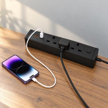 Mahmayi Desk Mount Power Strip with 3 UK Sockets, 1 USB-A and 2 USB-C Ports, 1.8M Power Cable, Aluminum Alloy Desktop Extension Board with Clamp Mount, Ideal for Home Office and Workstation - Black