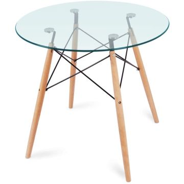 Mahmayi HYT12 round glass dining table with natural beech wood legs and black steel cross-brace frame on white background
