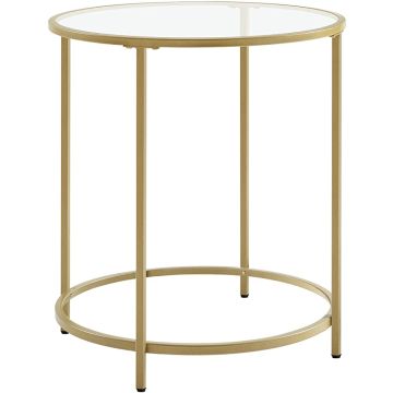 Round glass side table with gold metal frame and circular base ring