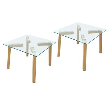 Mahmayi HYCT12-60 glass coffee table set of 2 with clear tempered glass tops and natural wood legs shown on white background