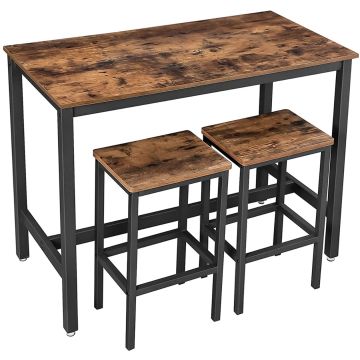 rustic brown bar table with two matching stools and black frame