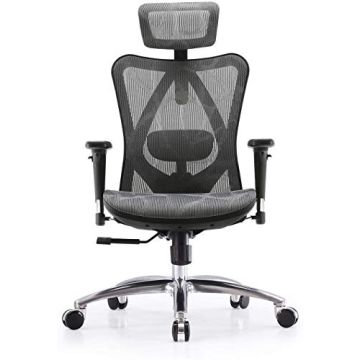 Front view grey mesh ergonomic office chair with headrest