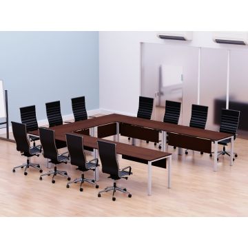 U shaped apple cherry conference table with steel legs in meeting room