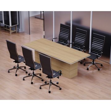 Coco bolo rectangular conference table with white edge and panel base in office with six chairs
