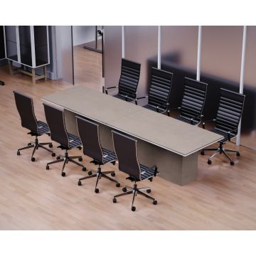Light concrete conference table with eight black chairs in office