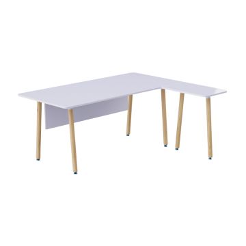Mahmayi white L-shaped executive workstation with natural wood tapered legs and modesty panel front angle view