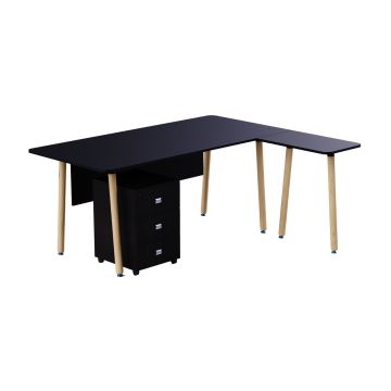 Mahmayi black L-shaped executive workstation with natural wood legs and 3-drawer mobile pedestal