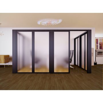 Mahmayi black aluminum framed full frosted glass partition forming an office cabin with sliding door configuration in a modern workspace