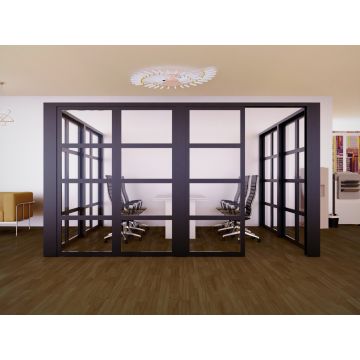 Mahmayi black aluminum framed full clear glass partition enclosing a conference room with sliding door panels open on both sides