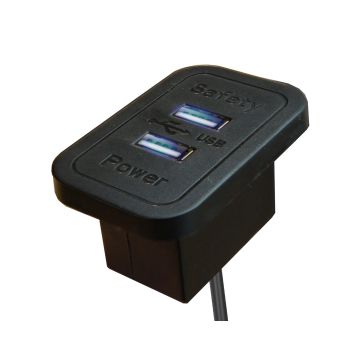 Mahmayi BS02-BLK black desktop USB charger with dual USB ports and blue LED indicators shown at angle