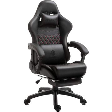 Black and red gaming chair with lumbar pillow and footrest