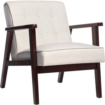 Beige fabric armchair with dark wooden frame front angled view