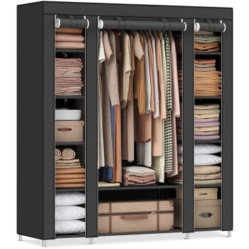 black fabric wardrobe with three sections open showing clothes shelves and suitcase