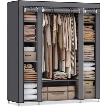 Grey fabric wardrobe with three sections hanging rail and shelves