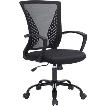 Black mid back mesh office chair with fixed arms on caster base
