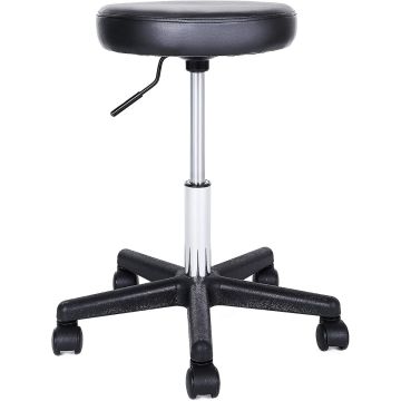 Close-up of black round swivel lab stool with gas lift and five wheel base