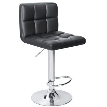 Black PU leather bar stool with tufted square cushion seat and polished chrome pedestal base on white background
