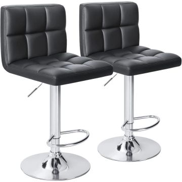Set of 2 black PU leather tufted bar stools with chrome pedestal base and footrest on white background